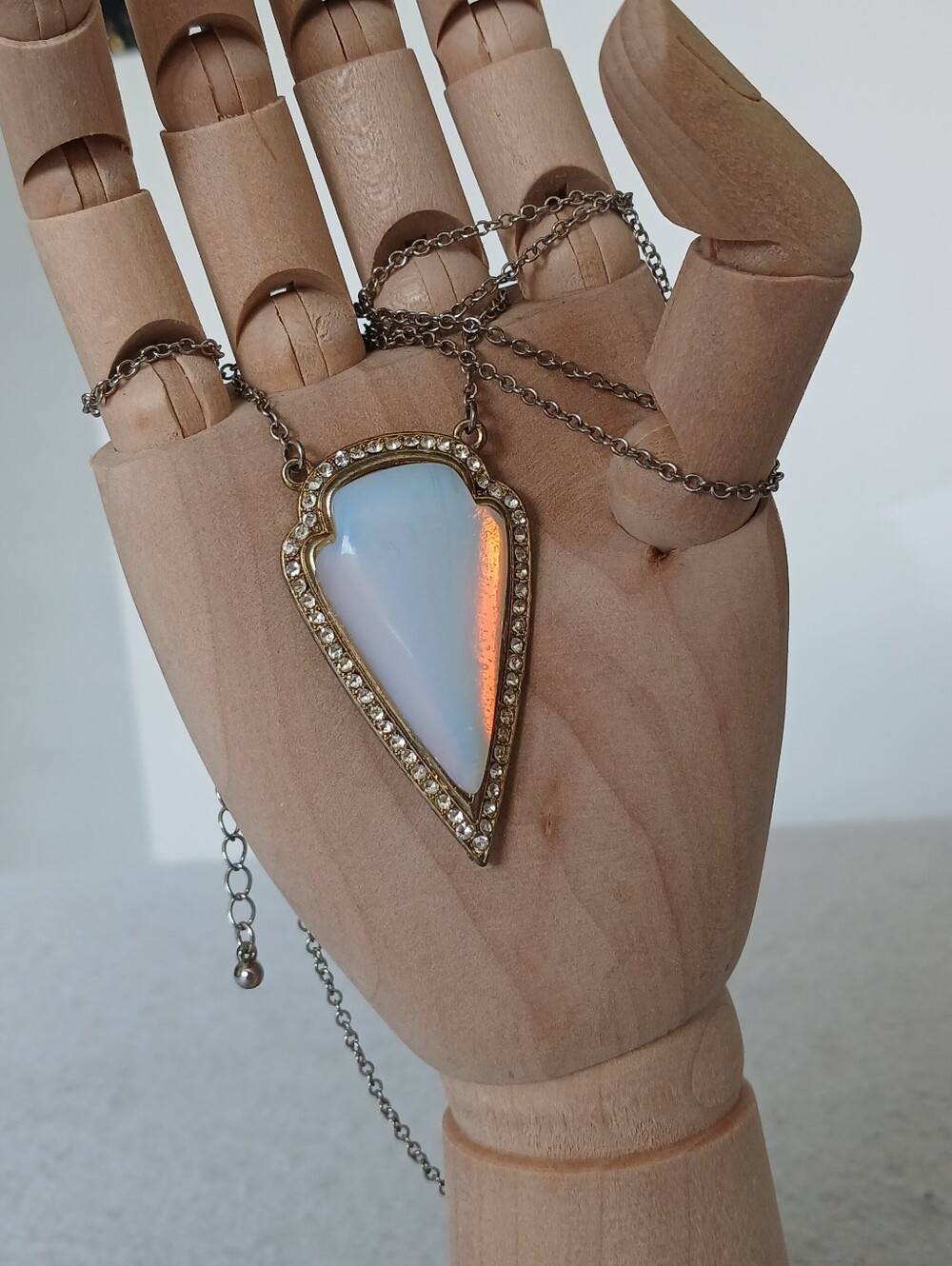 Opalite Arrowhead Pendant Necklace with Rhinestone Trim - Iridescent White
